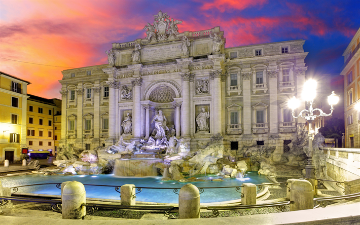 Trevi Fountain, Europe, 4k, night, italian landmarks, Rome, Italy