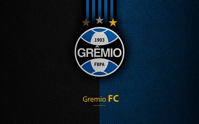 Gremio FC, 4K, Brazilian football club, Brazilian Serie A, leather texture, emblem, Gremio logo, Porto Alegre, Rio Grande do Sul, Brazil, football