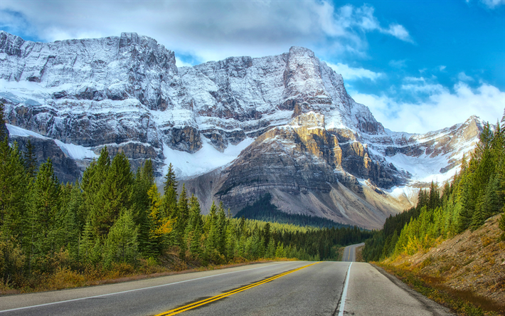 Le Parc National de Banff, HDR, 4k, les montagnes, la route, Alberta, Canada
