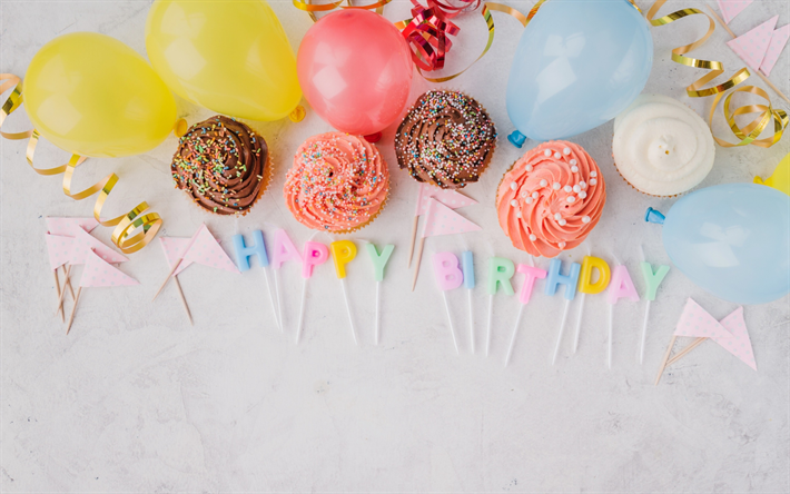 happy birthday, muffins, kuchen, s&#252;&#223;igkeiten, luftballons, geburtstag-konzepte