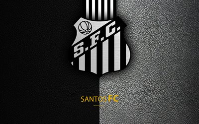 Santos FC, 4K, Brazilian football club, Brazilian Serie A, leather texture, emblem, logo, Santos, Sao Paulo, Brazil, football