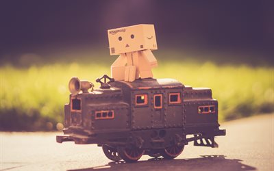 Danbo, 4k, cardboard robot, train, danboard box