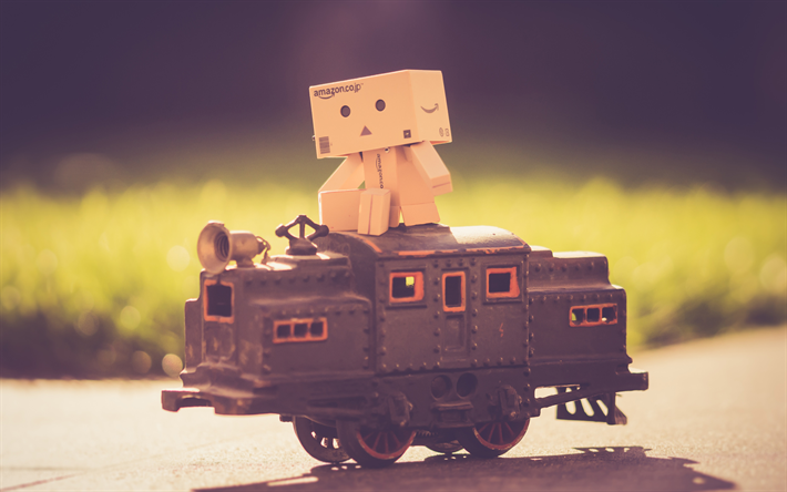 Danbo, 4k, الورق المقوى الروبوت, القطار, danboard مربع