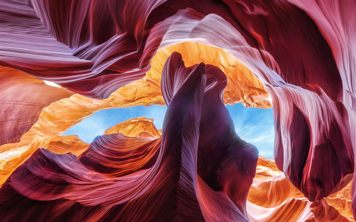 Lower Antelope Canyon, 4k, cliffs, american landmarks, Arizona, America, USA