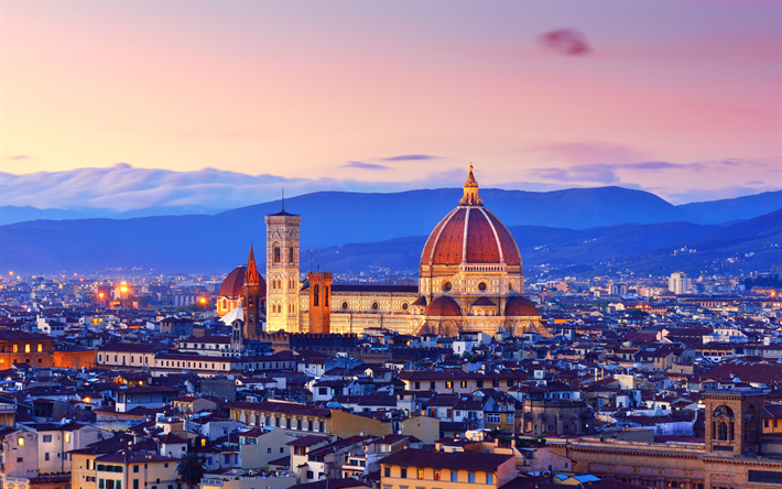 Duomo, 4k, sunset panorama, Santa Maria del Fiore, Florence, Tuscany, Italy, Europe
