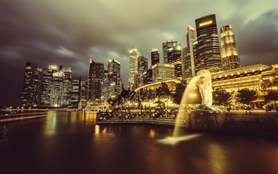 Singapore, skyskrapor, natt, moderna byggnader, stadens ljus, stadsbilden, bay