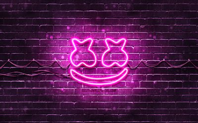 Marshmello lila logotyp, 4k, superstars, american Dj: s, lila brickwall, Marshmello logotyp, Christopher Comstock, musik stj&#228;rnor, Marshmello neon logotyp, DJ Marshmello