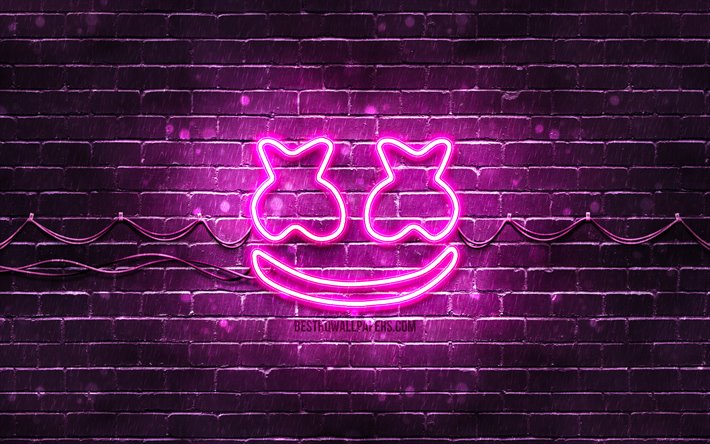Marshmello purple logo, 4k, superstars, american DJs, purple brickwall, Marshmello logo, Christopher Comstock, music stars, Marshmello neon logo, DJ Marshmello