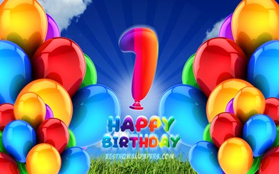 4k, Happy 1 Years Birthday, cloudy sky background, Birthday Party, colorful ballons, Happy 1st birthday, artwork, 1st Birthday, Birthday concept, 1st Birthday Party