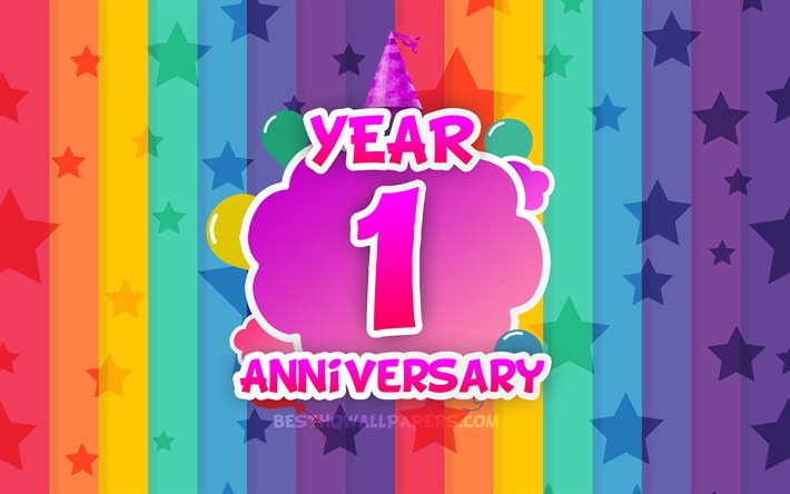 4k, 1 Years Anniversary, colorful clouds, Anniversary concept, rainbow background, 1st anniversary sign, creative 3D letters, 1st anniversary