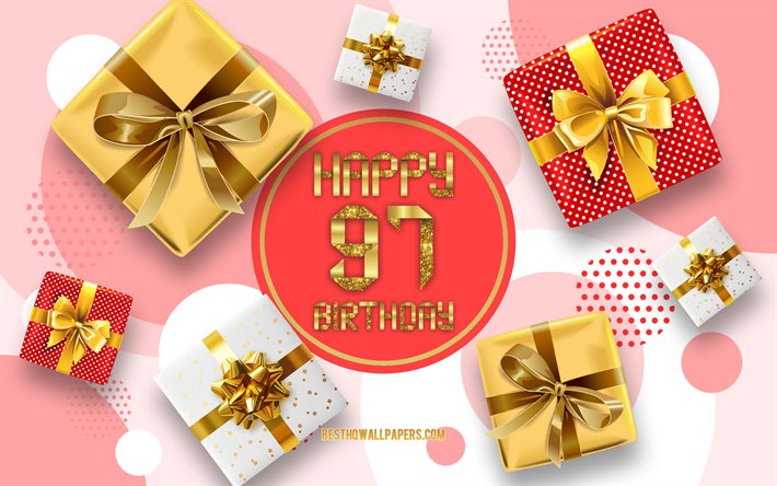 97th Happy Birthday, Birthday Background with gift boxes, Happy 97 Years Birthday, gift boxes, 97 Years Birthday, Happy 97th Birthday, Happy Birthday Background