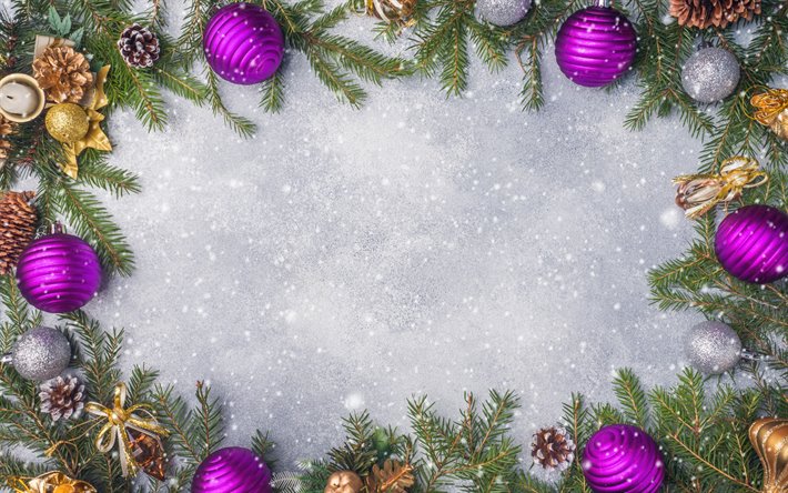 フレームとクリスマスボール, 謹賀新年, クリスマス, 冬のフレーム, 白い雪の背景, 紫クリスマスボール