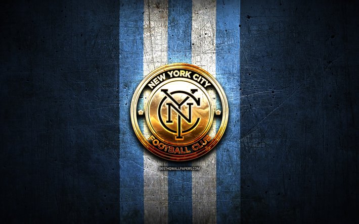 new york city fc, golden logo, mls, blau metall-hintergrund, american soccer club, vereinigtes soccer league, new york city fc logo, soccer, usa