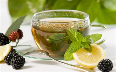 lemon tea, cup of tea, fruit tea, blackberry, tea with berries, lemon