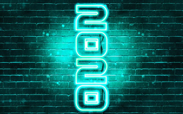 4k, Happy New Year 2020, vertical text, turquoise brickwall, 2020 concepts, 2020 on turquoise background, abstract art, 2020 neon art, creative, 2020 year digits, 2020 turquoise neon digits