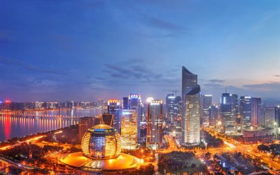 Hangzhou, les paysages nocturnes, les villes d&#39;asie, la Province du Zhejiang, Chine, Asie
