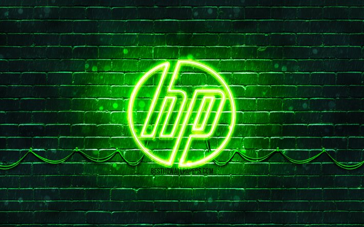 HP green logo, 4k, green brickwall, Hewlett-Packard, HP logo, HP neon logo, HP, Hewlett-Packard logo