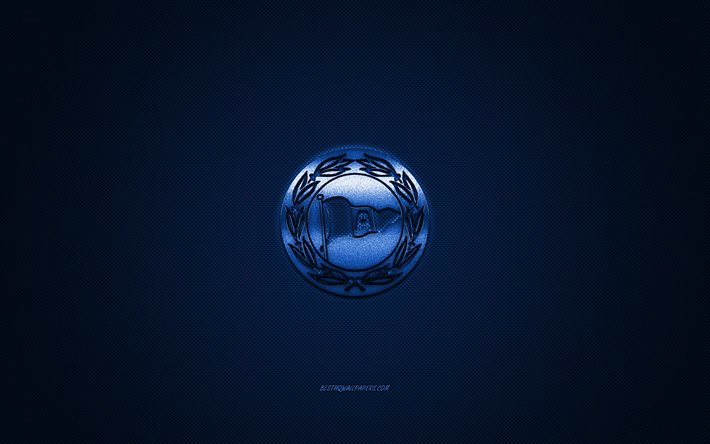 DSC Arminia Bielefeld, club di calcio tedesco, la Bundesliga 2, logo blu, blu contesto in fibra di carbonio, calcio, Bielefeld, Germania, Arminia Bielefeld logo