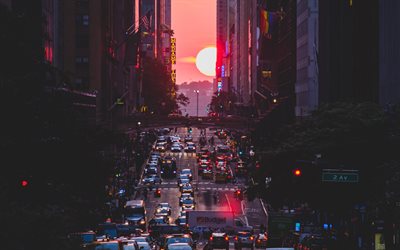 New York, gratte-ciel, paysage, coucher du soleil, Manhattan, la circulation, les rues de la m&#233;tropole, new york, &#233;tats-unis