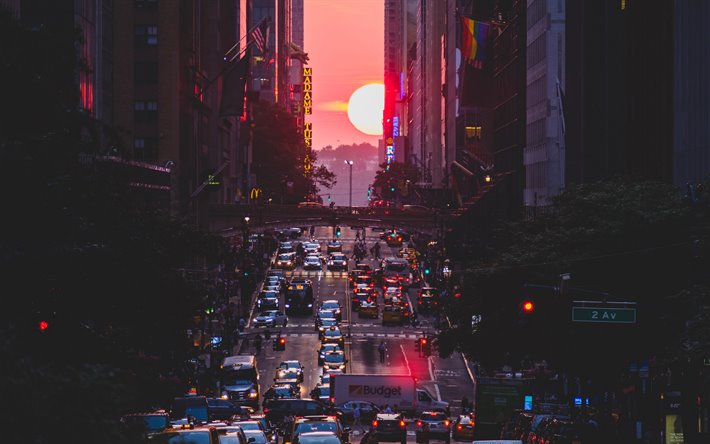 New York, pilvenpiirt&#228;ji&#228;, kaupunkikuva, sunset, Manhattan, liikenne, kaduilla, metropoli, NYC, USA