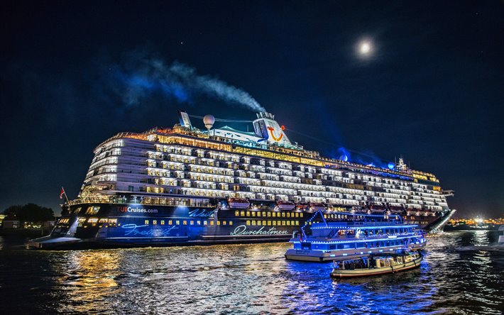 Mein Schiff 6, cruise ships, night, Elbe River, Hamburg, Germany, Europe