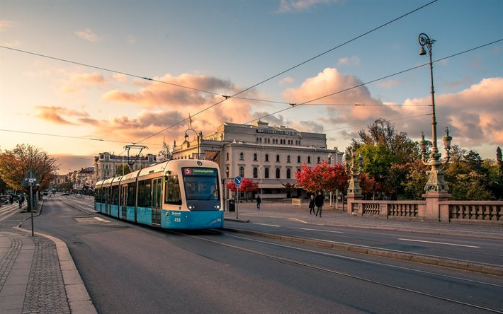 Gothenburg, evening, sunset, blue modern tram, Gothenburg cityscape, Sweden
