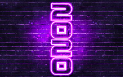 4k, Happy New Year 2020, vertical text, violet brickwall, 2020 concepts, 2020 on violet background, abstract art, 2020 neon art, creative, 2020 year digits, 2020 violet neon digits