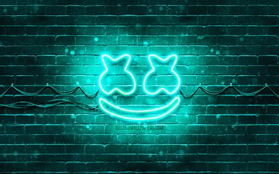 Marshmello turquoise logo, 4k, superstars, american Dj, turquoise brickwall, Marshmello logo, Marshmello n&#233;on logo, DJ Marshmello, Christopher Comstock, stars de la musique