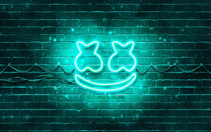 Marshmello turquoise logo, 4k, superstars, american DJs, turquoise brickwall, Marshmello logo, Marshmello neon logo, DJ Marshmello, Christopher Comstock, music stars