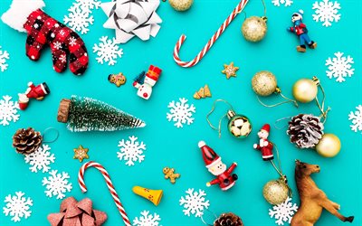 weihnachten dekorationen, 4k, blau, weihnachten, hintergrund, weihnachts konzepte, spielzeug f&#252;r weihnachten