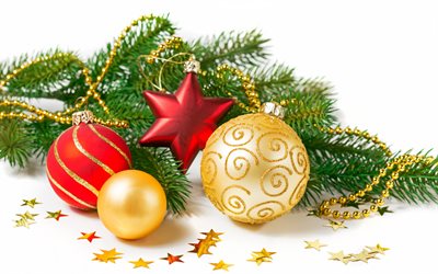 De oro de las bolas de Navidad, A&#241;o Nuevo, Navidad, decoraci&#243;n, estrella roja, Feliz A&#241;o Nuevo