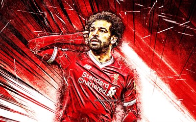 Mohamed Salah, grunge art, Liverpool FC, egyptian footballers, LFC, red abstract rays, Salah, Premier League, Mohamed Salah art, Salah Liverpool, Mo Salah, soccer