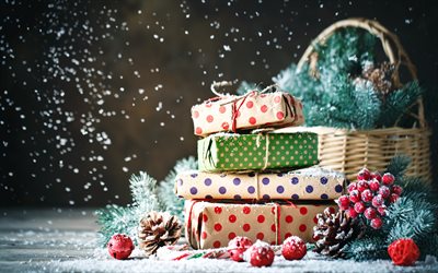 Regali di natale, invernali, neve, palle di Natale, Felice Anno Nuovo, sfondo Natale