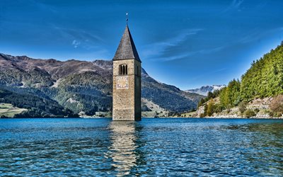 Reschensee, 4k, summer, italian landmarks, South Tyrol, HDR, Italy, Europe, beautiful nature