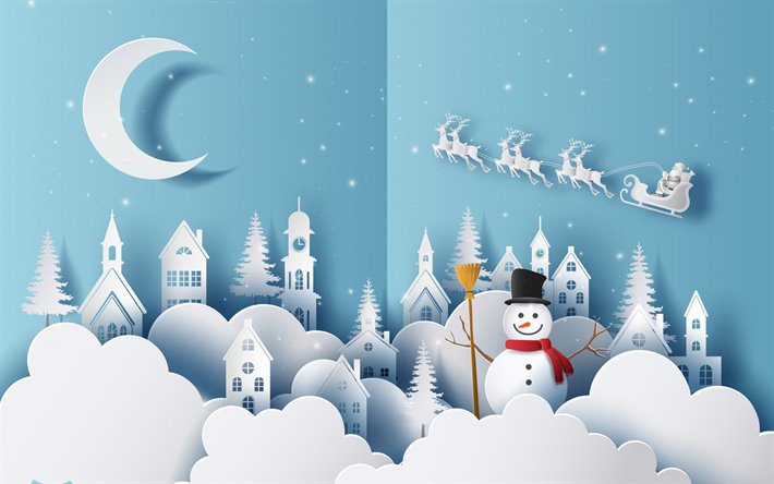 Feliz Ano Novo, Natal, resumo paisagem de inverno, boneco de neve, Ano Novo, Feliz Natal, arte em papel