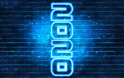 4k, Happy New Year 2020, vertical text, blue brickwall, 2020 concepts, 2020 on blue background, abstract art, 2020 neon art, creative, 2020 year digits, 2020 blue neon digits