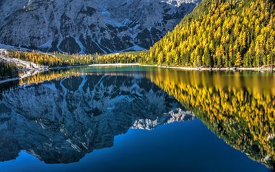 湖Braies, Dolomites, 山湖, 山の風景, 森林, 湖のBraies, Pragser Wildsee, 南チロル, イタリア