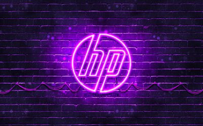 HP violet logo, 4k, mor brickwall, Hewlett-Packard, HP logosu, HP neon logo, HP, Hewlett-Packard logosu
