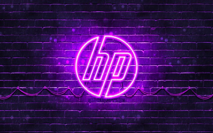 HP viola logo, 4k, viola, brickwall, Hewlett-Packard, il logo HP, HP neon logo, HP, Hewlett-Packard logo