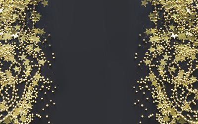 Black background with golden stars, Christmas background, golden stars, Happy New Year, Christmas, xmas