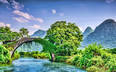 Guilin, 4k, la hermosa naturaleza, el r&#237;o, Yangshuo Condado, HDR, chino naturaleza, China, Asia