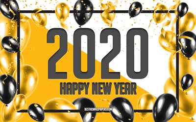 Happy New Year 2020, Yellow Balloons Background, 2020 concepts, Yellow 2020 Background, Yellow Black Balloons, Creative 2020 Background, 2020 New Year, Yellow Christmas background