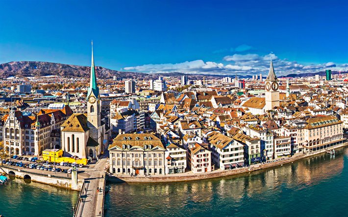 Zurique, paisagem urbana, inverno, edif&#237;cios antigos, igreja, capela, Su&#237;&#231;a