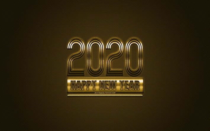 Feliz Ano Novo 2020, Ouro 2020 plano de fundo, Metal dourado 2020 plano de fundo, 2020 conceitos, Natal, 2020, Ouro textura de carbono