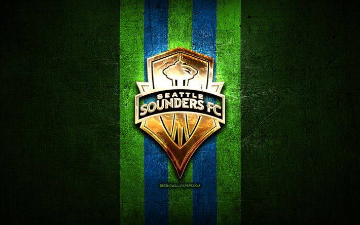 Seattle Sirenler FC, altın logo, İLKAY, yeşil metal arka plan, Amerikan Futbol Kul&#252;b&#252;, Seattle Sirenler, United Futbol Ligi, logo, futbol, ABD