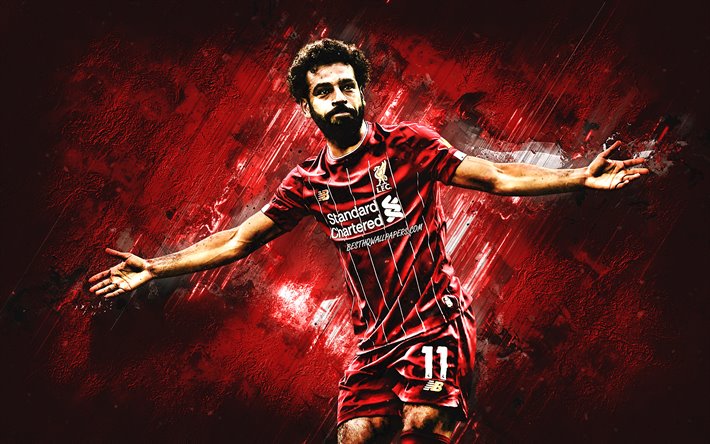 Mohamed Salah, Liverpool FC, Mısırlı futbolcu, Premier Lig, İngiltere, futbol, portre, yaratıcı sanat, kırmızı taş arka plan, Salah Liverpool