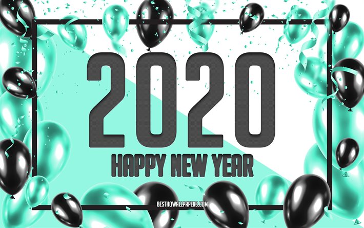 Happy New Year 2020, Turquoise Balloons Background, 2020 concepts, Turquoise 2020 Background, Turquoise Black Balloons, Creative 2020 Background, 2020 New Year, Turquoise Christmas background