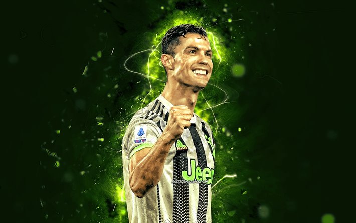 Cristiano Ronaldo, 2019, green neon lights, Juventus FC, CR7, new uniform, Italy, CR7 Juve, portuguese footballers, Bianconeri, soccer, football stars, Serie A