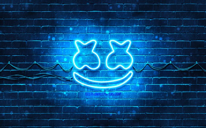 Marshmello blue logo, 4k, superstars, american DJs, blue brickwall, Marshmello logo, Marshmello neon logo, DJ Marshmello, Christopher Comstock, music stars