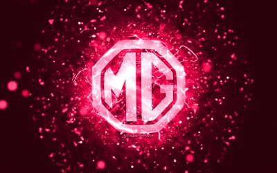 MG pembe logo, 4k, pembe neon ışıklar, yaratıcı, pembe soyut arka plan, MG logosu, araba markaları, MG